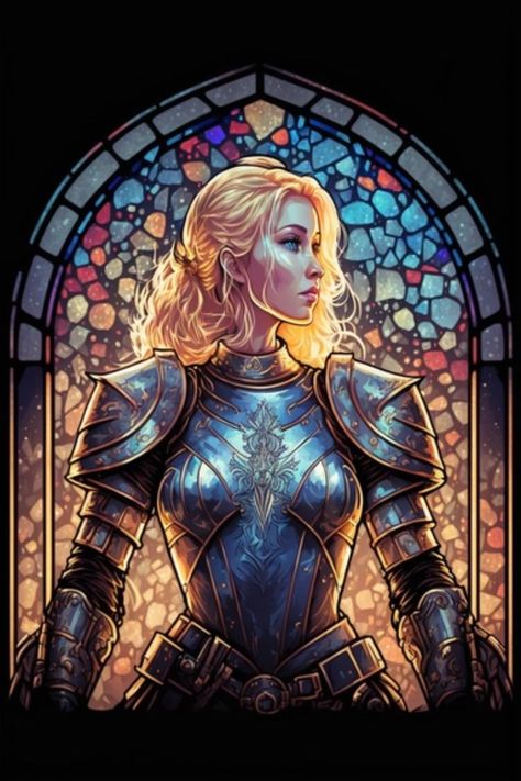 woman knight in front of stained glass windows Knight Woman, Woman Knight, Stain Glass Window Art, Woman Warrior, Fierce Women, Glass Window Art, Female Knight, Knight Art, Window Art