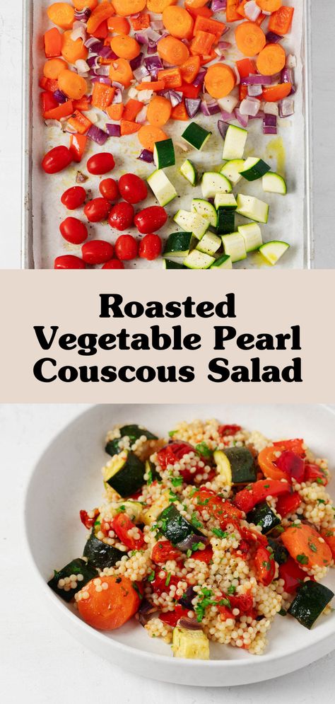 This roasted vegetable pearl couscous salad is easy to make, versatile, and tastes excellent either hot or cold! Plump pearl couscous is the base, and tender roasted zucchini, tomatoes, peppers, carrots, and onions give the salad color, flavor, and nutrition. This is a perfect dish to meal prep for easygoing lunches or as a side dish. Pearl Couscous Side Dishes, Couscous Recipes Easy, Roasted Veg Salad, Roasted Vegetable Couscous, Pearl Couscous Salad, Tiny Pasta, Roasted Vegetable Salad, Roasted Zucchini, Pearl Couscous