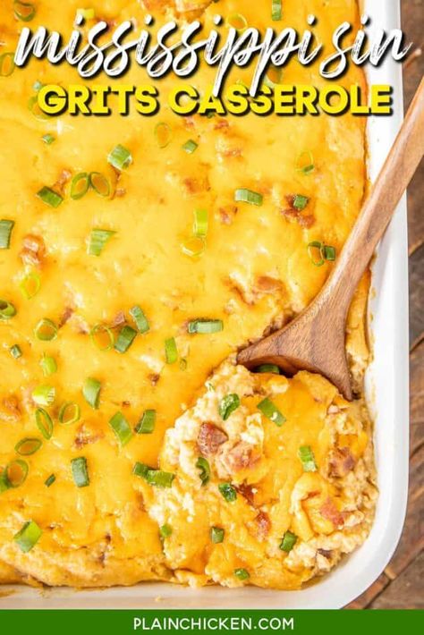 Mississippi Sin Grits Casserole - Plain Chicken Cheese Grits Casserole, Grits Casserole, Easy Breakfast Casserole Recipes, Frito Pie, Cheesy Grits, Hashbrown Breakfast Casserole, Grits Recipe, Cheese Grits, Plain Chicken