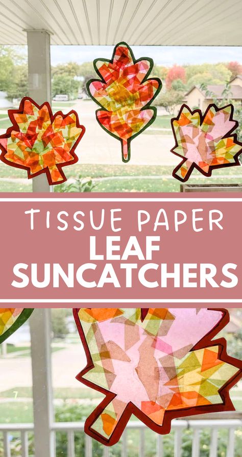 Create a cute tissue paper suncatcher in the shape of a leaf!  We have provided a free leaf template outline for the diy suncatchers for kids! This is an awesome summer and fall craft for toddlers and preschoolers.  The homemade sun catchers will look colorful and bright in your window! Fall Tissue Paper Crafts For Kids, Leaves Projects For Kids, Diy Suncatchers For Kids, Suncatchers For Kids, Tissue Paper Suncatcher, Fall Fine Motor Activities, Harvest Crafts For Kids, Paper Suncatchers, Leaf Suncatchers