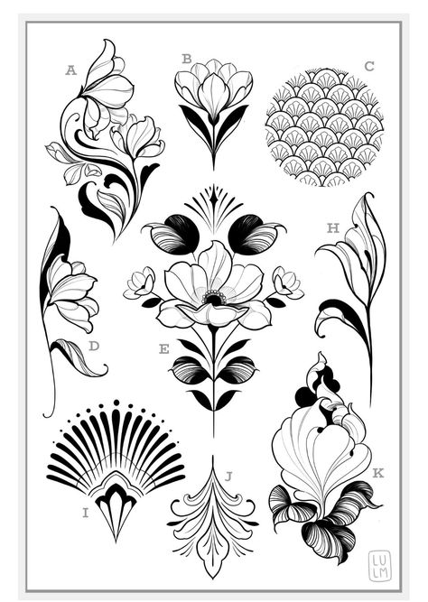 Art Nouveau Floral Tattoo, Fiori Art Deco, Deco Tattoo, Fleurs Art Nouveau, Art Deco Tattoo, Tattoo Hip, Art Nouveau Tattoo, Motifs Art Nouveau, Nouveau Tattoo