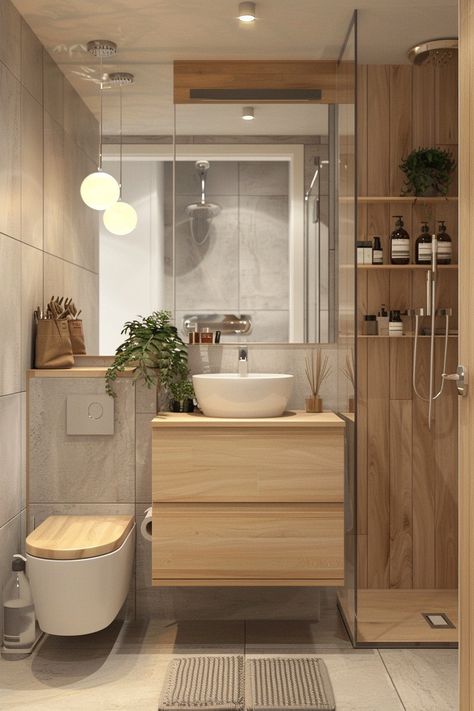 Perfect Paint Colors for Small Bathrooms - Quiet Minimal Tiny Bathroom Interior, Small Bathroom Design With Storage, Bathroom With Bamboo Accents, Small Light Bathroom Ideas, Tiny Interior Design, Small Bathroom Remodel Rustic, Little Bathroom Ideas Small Spaces, Small Bathroom Layout With Tub, Scandinavian Small Bathroom