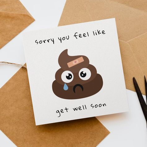 This funny card is the perfect way to wish that someone special a speedy recovery. The design features a sad poop emoji with a cute heart band-aid and fun typography wording which is easy to personalize. The back of the card is blank for you to hand write a personal message or you can add more typed wording or a photo of your choice by clicking the edit button. Get Well Cards Diy Handmade, Wishing You A Speedy Recovery Cards, Get Well Soon Gift Ideas Diy, Funny Get Well Soon Cards, Speedy Recovery Cards, Cute Get Well Soon Cards, Get Better Soon Cards, Get Well Card Ideas, Get Well Cards Handmade