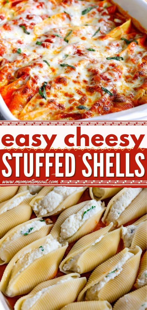 Easy Stuffed Shells, comfort food, family dinner ideas Stuffed Shell Recipes Easy, Easy Jumbo Shells Recipe, Recipes With Jumbo Shells, The Best Stuffed Shells, Yummy Vegitarian Foods, Stuffed Jumbo Pasta Shells Easy Recipes, Recipes With Jumbo Pasta Shells, Thursday Dinner Ideas Families, How To Make Stuffed Shells