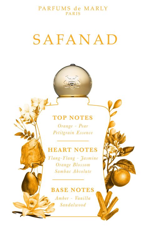 What it is: A spicy fragrance captivated by delicate notes of orange blossom, iris and ylang-ylang.Fragrance story: Safand is captivated by its delicate notes of orange blossom, iris and ylang-ylang that rush to draw a woody trail revealed by sandalwood, amber and vanilla. An addictive signature saturated with light. Style: Spicy, warm.Notes:- Top: orange, pear, petitgrain essence- Middle: ylang-ylang, orange blossom, jasmine sambac absolute- Base: amber, vanilla, sandalwood Made in France Safanad Parfums De Marly, Pear Fragrances, Pear Perfume, Cashmere Perfume, Sandalwood Perfume, Blossom Perfume, Fragrances Perfume Woman, Fall Fragrance, Parfums De Marly