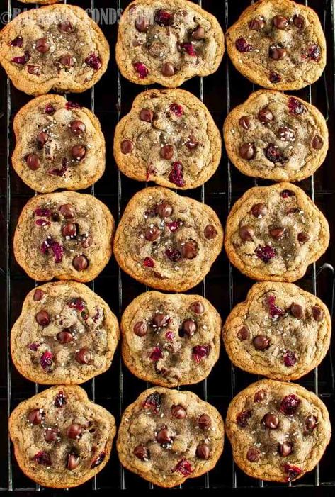 Chewy Dark Chocolate Cranberry Cookies - the ultimate holiday cookies. Sweet and tart, with chocolate in every bite, sprinkled with sparkling vanilla sugar! Chocolate Cranberry Cookies, Crackle Cookies, Chocolate Fudge Cookies, Dark Chocolate Chip Cookies, Chocolate Cranberry, Hazelnut Cookies, Fudge Cookies, Dark Chocolate Cookies, Joy Filled Eats