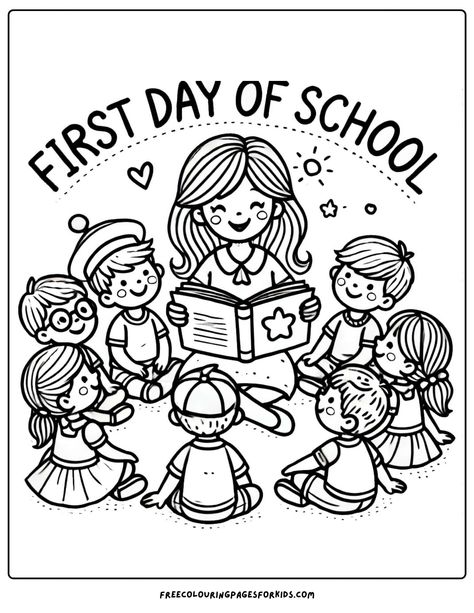 Celebrate the joy of the first day of school with our free kids kindergarten and preschool coloring page printables! Let your little ones bring these heartwarming scene to life with their own colorful creativity! — download your favorites now! First Day Of Preschool Coloring Sheet, Back To School Coloring Pages Free Printable, First Day Of School Coloring Sheet Free, First Day Of School Coloring Page, Teacher Coloring Pages, Back To School Coloring Pages, Kindergarten Coloring Sheets, Preschool First Day, International Children's Day