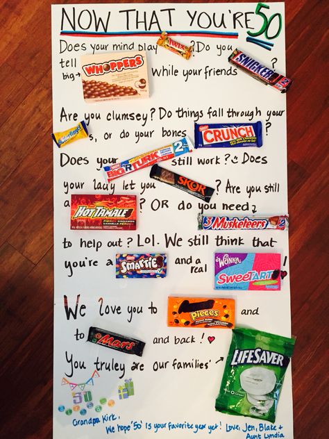 50th birthday candy card for my wonderful father in law. It's a little sentimental & a little silly but overall is cute. We used Canadian chocolate bars  & candy to come up with the story. Here's hoping its a hit! :) JAK Candy Bar Poems, Candy Bar Cards, Candy Poems, Candy Birthday Cards, Candy Bar Poster, Homemade Birthday Gifts, Candy Card, Candy Bar Posters, Chocolate Bar Card