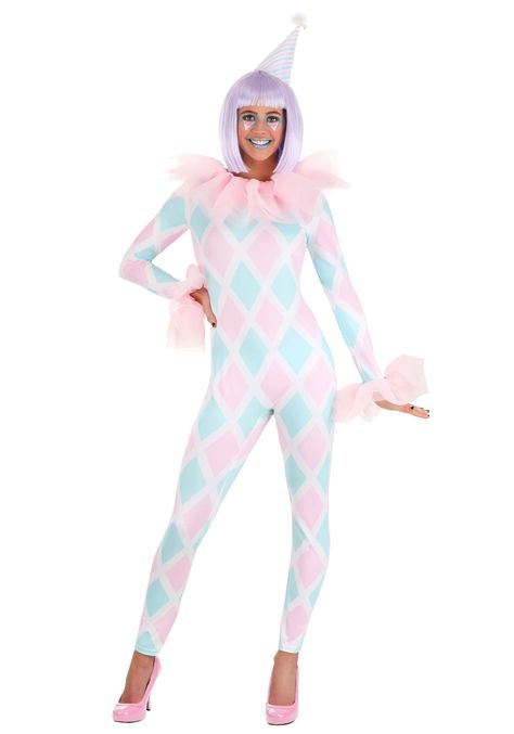 PRICES MAY VARY. Chiffon Size: Small 96% polyester, 4% spandex Diamond printed jersey knit stretch jumpsuit has zipper down center back Chiffon fabric on the sleeve cuffs and along the collar Striped hat has tinsel pom w/ elastic bands to secure to hair w/ pins (hair pins sold separately) Delighted smiles abound when you wear your exclusive Pastel Women's Diamond Clown Costume! The jumpsuit is made of soft jersey stretch knit fabric that is printed all over with pink and green diamonds against a Pastel Clown, Clown Fancy Dress, Light Up Halloween Costumes, Pastel Heels, Clown Suit, Camp Fashion, Unicorn Halloween Costume, Pretty Costume, California Costumes