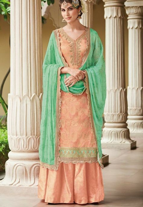 Peach Suit, Silk Sharara, Gharara Suits, Embroidered Sharara, Bride Suit, Combination Dresses, Georgette Dupatta, Sharara Suit, Chiffon Collection