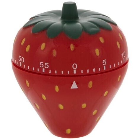 Make baking fresh and exciting with adorable kitchen aids like this Strawberry Timer. This plastic timer is shaped like a bright red strawberry, complete with yellow ovals for seeds and a green stem on top. Simply twist the top to the desired time, up to an hour, and wait for it to ring!  Diameter: 2 5/8". Height: 3" Strawberry Kitchen, Strawberry Decorations, Kitchen Timer, Kitchen Timers, Cute Strawberry, Strawberry Fields, Red Strawberry, Cute Kitchen, Wait For It