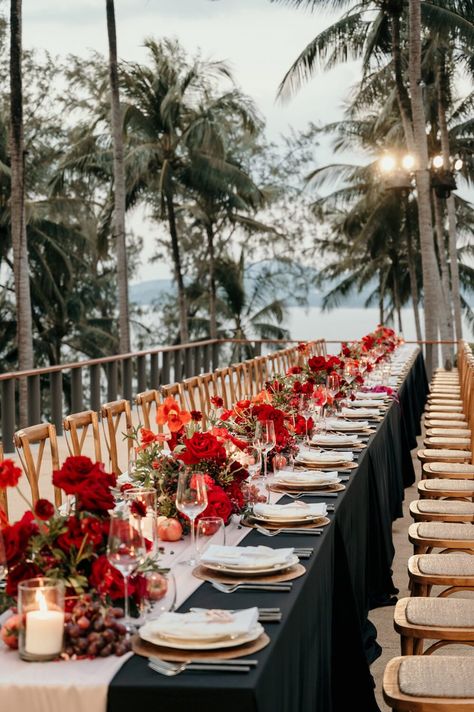 A Phuket Wedding with Vibrant Pink Bougainvillea and Red Roses ~ WedLuxe Media Beach Wedding Red, Banquet Hall Wedding, Wedding Colour Palettes, Hacienda Wedding, Popular Wedding Colors, Red Wedding Decorations, Wedding Dining, Red Wedding Theme, Phuket Wedding