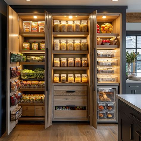 Professional Home Kitchen Design, Cool Built In Ideas, Cool Kitchen Features, Dream Pantry Walk In Luxury, Kitchen Fridge Ideas, Luxury Pantry, Pantry Modern, Organised Pantry, Refrigerator Pantry