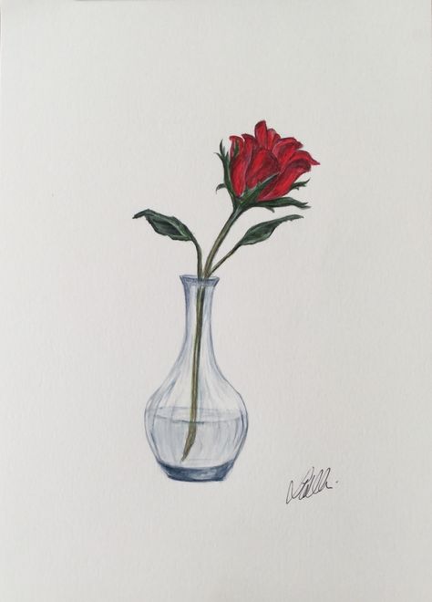 Rose In Vase Painting, Red Rose Drawing Sketch, Flowers In Vases Drawing, Rose In Glass Drawing, Roses In A Vase Drawing, Vase Drawing With Flowers, Vase Of Roses Drawing, Easy Flower Vase Drawing, Rose In Vase Tattoo