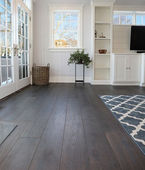 Bay View Cohasset Installation | Sawyer Mason Wide Plank Tremont Dark Hardwood Floors Living Room, Grey Wood Floors Bedroom, Cheap Wood Flooring, Vintage Wood Floor, Modern Wood Floors, Living Room Hardwood Floors, Wide Plank Hardwood Floors, Diy Wood Floors, Rustic Wood Floors