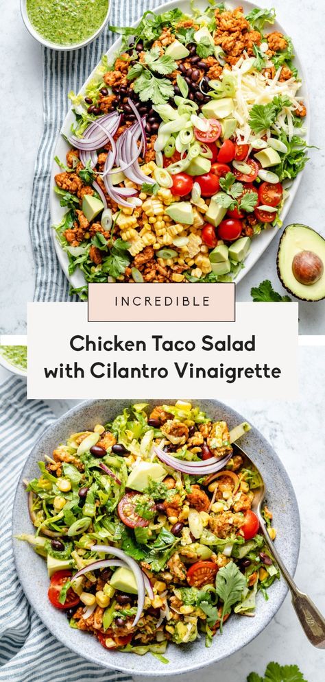 Hearty and delicious chicken taco salad loaded with taco seasoned ground chicken, juicy tomatoes, fresh corn, savory cheese and a wonderful cilantro vinaigrette. This protein-packed chicken taco salad recipe makes the perfect healthy lunch or side dish for your next BBQ! #salad #tacosalad #chicken #chickensalad #healthylunch #bbq #potluck #picnic Chicken Taco Salad Recipe, Cilantro Vinaigrette, Bbq Potluck, Bbq Salad, Healthy Chicken Tacos, Taco Salad Recipe, Chicken Taco Salad, Homemade Taco Seasoning Recipe, Authentic Mexican Recipes