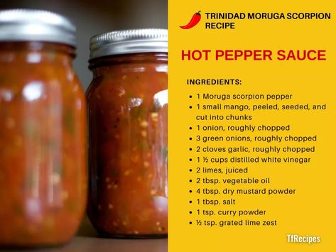 Trinidad Moruga scorpion pepper hot sauce recipe Scorpion Pepper Salsa, Trinidad Hot Pepper Sauce, Scorpion Pepper Hot Sauce Recipe, Trinidad Scorpion Pepper Recipes, Trinidad Scorpion Pepper Hot Sauce, Scorpion Pepper Recipes, Scorpion Pepper Hot Sauce, Hot Sauce Recipe, Hot Head