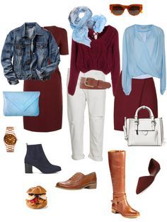 Dark Red and Light Blue - I would never have thought to put these colors together, but they work surprisingly well. Red And Light Blue, Colour Combinations Fashion, Burgundy Outfit, Color Combinations For Clothes, Fashion Capsule Wardrobe, Fashion Capsule, Blue Outfit, Red Outfit, Color Combo