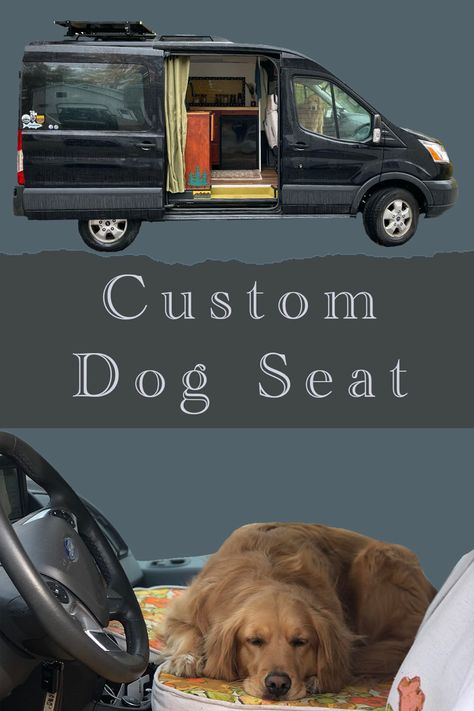 Custom built dog seat in Ford Transit Cargo Van for large breed dogs. #vandog #vanlife #dogseat Van Life Dog Bed, Sprinter Van Conversion With Dogs, Campervan Dog Bed, Campervan Dog Seat, Dog Van Ideas, Dog Campervan, Van Conversion Dog, Ford Transit Cargo Van, Hiace Camper