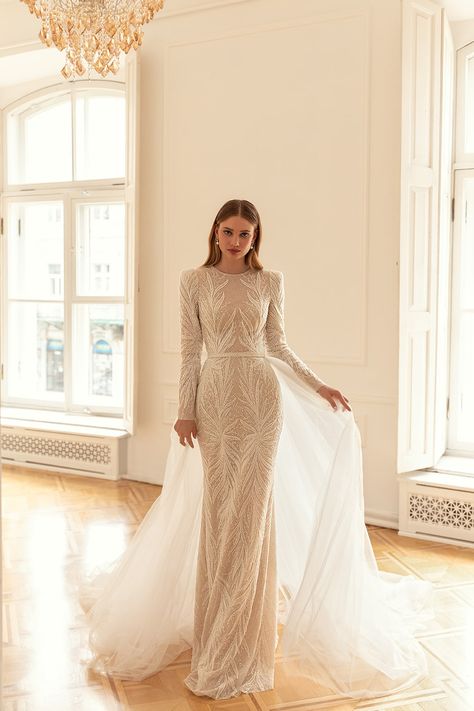 Closed Wedding Dress, Lace Skirt Wedding Dress, Wedding Dresses Long Sleeve High Neck, Long Sleeve Column Wedding Dress, Long Sleeve Art Deco Wedding Dress, Semi Mermaid Wedding Dress, Beaded Wedding Gown With Sleeves, Long Sleeve Straight Wedding Dress, Modest Mermaid Dress