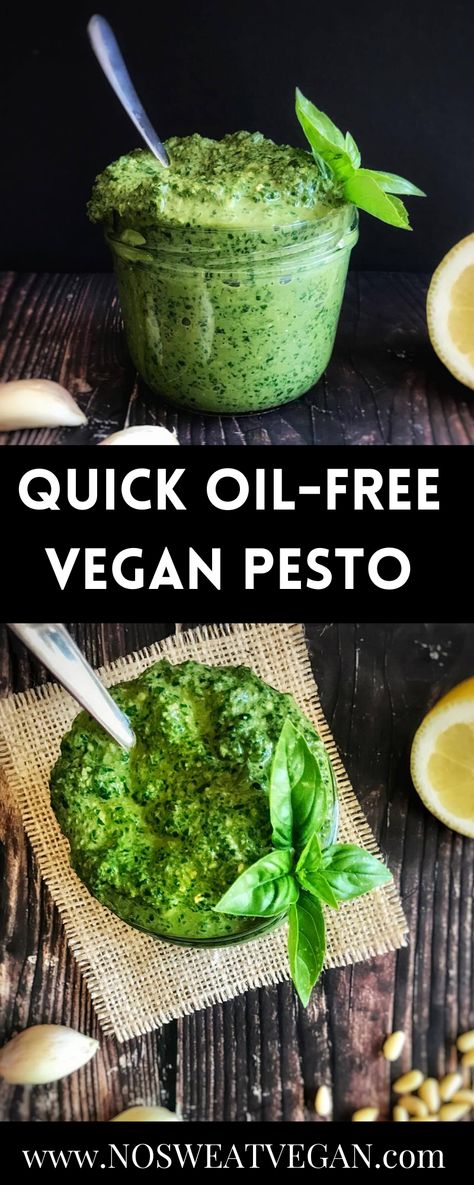 Classic Pesto Recipe, Oil Free Pesto, Vegan Pesto Sauce, Vegan Pesto Recipe, Nut Free Pesto, Lazy Vegan, Vegan Spinach, Oil Free Vegan Recipes, Vegan Dressing