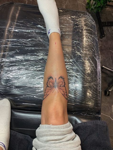 Leg Sleeve Tattoo Knee Down, Butterfly Tattoo On Lower Leg, Shin Butterfly Tattoos For Women, Tattoo Ideas Butterfly Leg, Butterfly Shin Tattoos For Women, Butterfly Tattoo On The Leg, Below Knee Butterfly Tattoo, Leg Shin Tattoo Women, Knee And Shin Tattoo