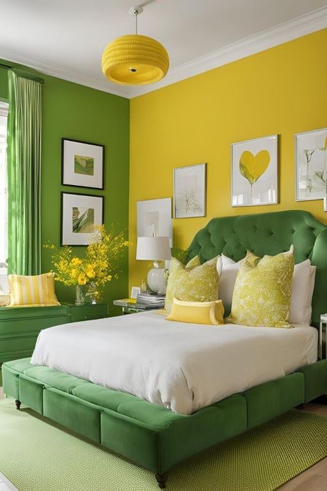 Green And Yellow Bedroom Ideas, Yellow And Green Bedroom, Green And Yellow Bedroom, Yellow Bedroom Ideas, Green Bedroom Ideas, Green Bedroom Design, Yellow Bedroom Decor, Room Color Combination, Bedroom Color Combination