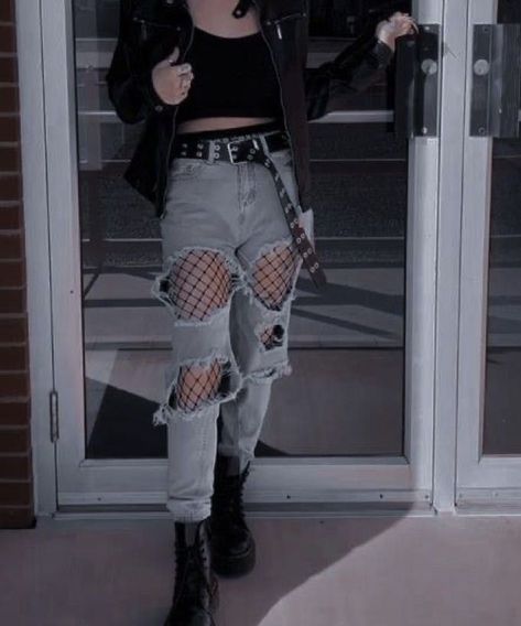 Fishnet Under Jeans Outfit, Concert Rock Outfit Ideas, Pastel Rock Outfits, Fishnets Under Ripped Jeans, Revealing Outfit Casual Grunge, White Bodysuit Outfit Ideas, Elder Emo Aesthetic, Fishnets Under Jeans Outfit, Jeans And Fishnets Outfit