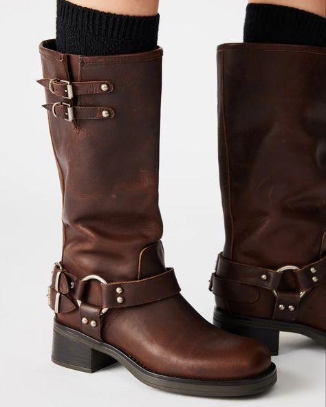 Blanket Aesthetic, Brown Leather Knee High Boots, Biker Look, Engineer Boots, Steve Madden Store, Steve Madden Boots, Leather Socks, Design Square, Biker Boots