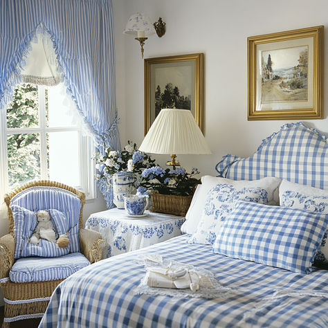 French Country Blue and White Gingham Check Guest Room. Fabric headboard could be a good way to save money and still have that cottage feel. Crisp, clean feel. Blue Love Shack Fancy Room, Cottage Bedroom Aesthetic, French Country Blue, Farmhouse Bedrooms, Fancy Decor, Lavender Cottage, Way To Save Money, Blue And White Gingham, Blue Cottage