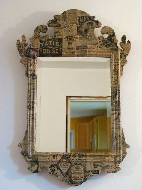 I have a mirror almost exactly like this! I painted it blue but I like this idea much better! Cardboard Frames For Pictures, Paper Mache Frames, Paper Mache Mirror Frame Ideas, Paper Mache Frame, Mirror Frame Art, Paper Mache Furniture, Paper Mache Mirror, Painted Mirror Frame, Mirror Repurpose