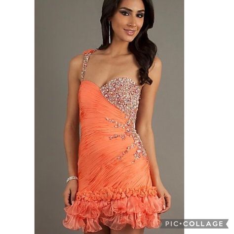 Jasz Couture Orange Embellished Short Dress. One Shoulder Dress W/Asymmetrical Ruched & Sparkling Stone Beaded Bodice. Has Ruffled Bottom. Never Worn. Size 2 After Five Dresses, Couture Prom Dresses, Jasz Couture Prom Dresses, Ruffle Bodycon Dress, Designer Formal Dresses, Rouched Dress, Jasz Couture, Sweater Maxi Dress, Pageant Gowns