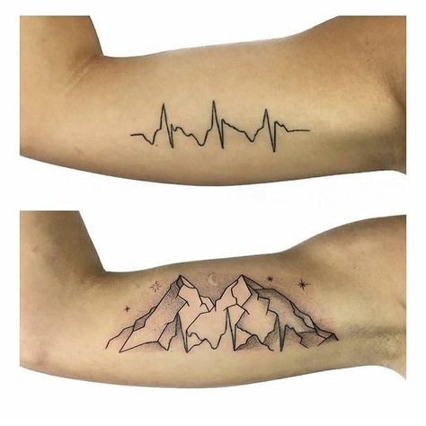 𝓟𝓲𝓷𝓽𝓻𝓮𝓼𝓽 ~ 𝓮𝓶𝓶𝓪_𝔀𝓮𝓮𝓴𝓵𝔂 ☆ heartbeat tattoo mountains arms tattoo inspiration Mountain Sleeve Tattoo, Private Tattoos, Gem Tattoo, Heartbeat Tattoo, C Tattoo, Up Tattoo, Tattoo Cover Up, Mountain Tattoo, Tattoo Cover