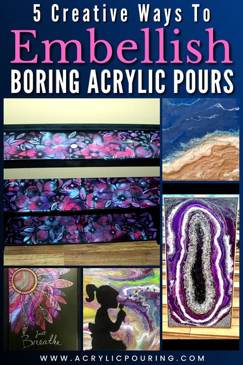 Painting Over Acrylic Pour, Paint Pouring Projects, Pour Paint Projects, Embellish Acrylic Pour, Embellished Paint Pour, Acrylic Pours Ideas, Acrylic Pour Painting Ideas On Canvas, Fluid Art Color Combinations, Acrylic Pour Painting Ideas