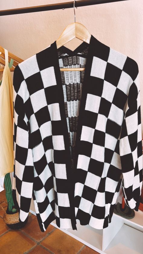 wearing a size small oversized light weight Checker Cardigan, Checkered Clothes, Checkered Outfit, Checkered Cardigan, Checkered Jacket, Black Checkered, Custom Ideas, Botanical Pattern, Swaggy Outfits