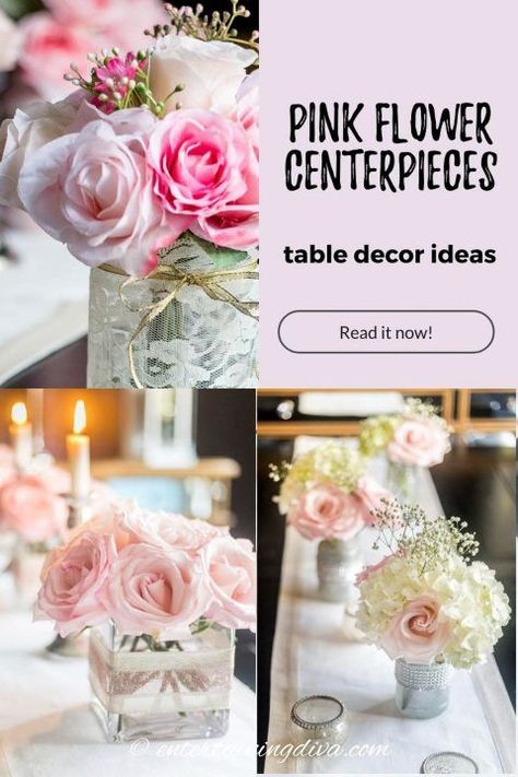 Learn how to make these DIY flower centerpieces that look simple but elegant. Made from mason jars with roses, hydrangeas and baby's breath (or even fake flower arrangements), they're perfect for parties, weddings, or even for home table settings. #entertainingdiva #centerpieces #flowers #babyshower #bridalshower #centerpieces Fake Flower Centerpieces, Pink Flower Centerpieces, Simple Floral Centerpieces, Easy Floral Arrangements, Rose Gold Centerpiece, Flower Centerpieces Diy, Diy Floral Centerpieces, Diy Vases, Large Events