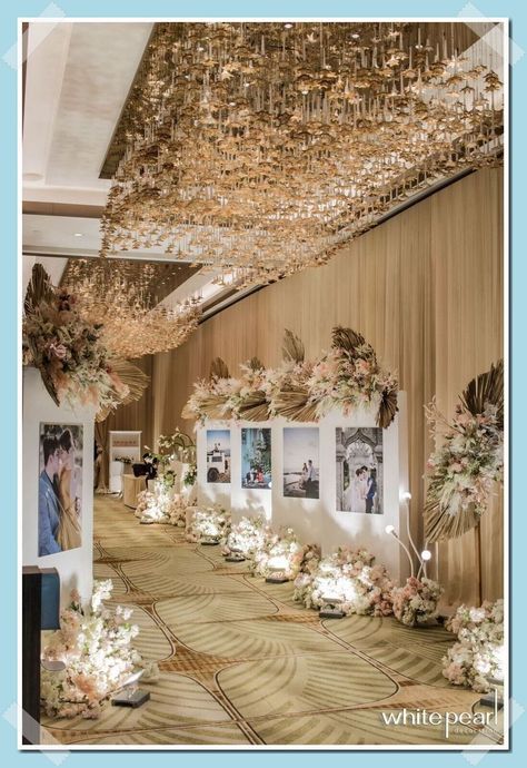 Reception Decorations Ballroom, Wedding Indoor Decoration Elegant, Wedding Entrance Decor With Photos, Ballroom Wedding Backdrop, Photo Entrance Wedding, Wedding Entrance Decor Indoor, Wedding Ideas Decoration Indoor, Wedding Decorations Ballroom, Ballroom Decorations Wedding