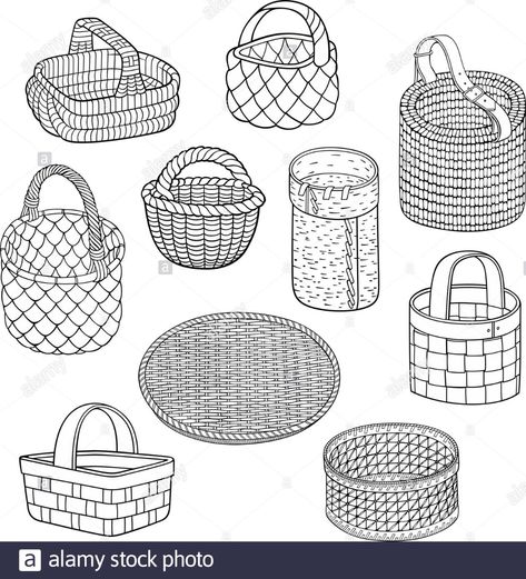 Cartoon Line Art, Basket Drawing, Texture Drawing, Traditional Market, Line Art Vector, Basket Design, Hand Embroidery Art, Wicker Basket, Vector Hand