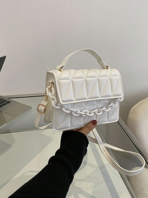 White Fashionable Collar  PU Leather Geometric,Quilted Square Bag Embellished   Women Bags College Shoes, Chic Quilts, Ladies Bag, Bags For Teens, Fancy Bags, Womens Purses, Square Quilt, Square Bag, Chain Bags