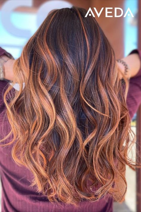 Pumpkin Spice Bayalage Hair, Different Styles Of Highlights, Highlights With Auburn Hair, Autumn Color Hair Highlights, Dark Brown Hair With Copper Bayalage, Fall Hair Color For Brunettes Copper, Pumpkin Spice Hair Balayage, Cowboy Copper Hair Brunette With Blonde Highlights, Pumpkin Balayage Hair