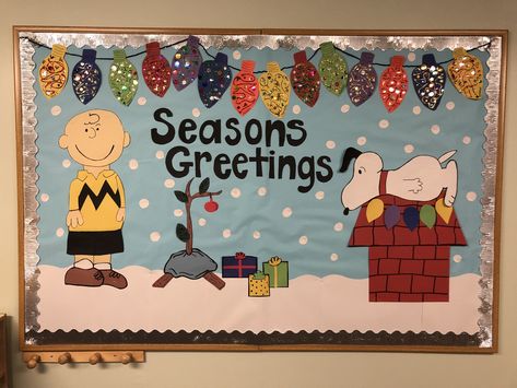 Winter Bulletin Board Ideas For Work, Charlie Brown Christmas Bulletin Board, December Bulletin Boards For Preschool, Christmas Bulletin Board Ideas Preschool, Thanksgiving Classroom Door, Costco Christmas, Charlie Brown Christmas Decorations, Christmas Bulletin Board Ideas, Valentines Classroom Door