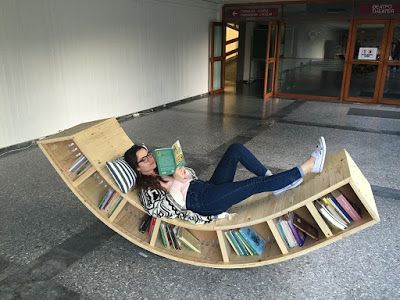 Rocking chair bookcase made by Sofia Alexiou for the Athens University's library - 1,285 nails were used! Bookcase Decorating Ideas, Bookshelf Chair, Creative Bookshelves, Bookcase Decor, Bookshelf Design, Repurposed Wood, Bookshelves Diy, घर की सजावट, Creative Furniture