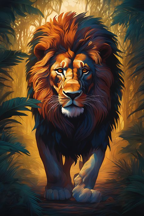 Lion walking out of darkness and mashy jungle dark scenery african art style Painting Rack, Dark Scenery, African Jungle Animals, Lion Walking, Lion Games, 3d Wallpaper For Mobile, Jungle Painting, Jungle Lion, 3d Wall Painting