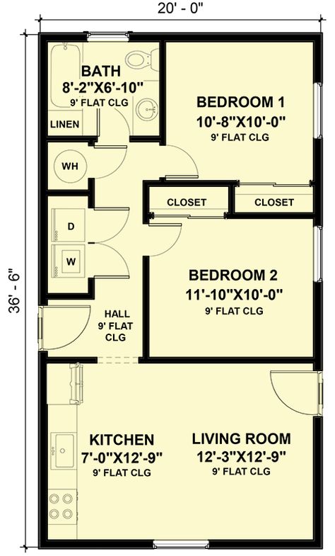 The rectangular footprint (20' by 36'6") of this 2-bedroom tiny home plan delivers 730 square feet of living space. This design is exclusive to Architectural Designs. A simple gabled roof mirrors the easy lifestyle afforded by this minimalistic design. The kitchen and living room are open to one another and allow a dining table to double as a workspace for the kitchen. The hallway leads to the bedrooms and a full bathroom with a linen closet. French doors in the hallway open to a laundry closet Closet French Doors, Two Bedroom Tiny House, 2 Bedroom Floor Plans, Gabled Roof, Small Cottage Homes, Small Tiny House, Tiny House Layout, 2 Bedroom House Plans, Small House Floor Plans