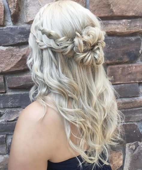 Blonde Half Updo With Braids And Bun Half Up Half Down Hair Braided Bun, Hair Designs For Girls, Braided Half Updo, Dance Hair, Prom Hair Updo, Hoco Hairstyles, Braided Hairstyle, Dance Hairstyles, Wedding Hairstyles Half Up Half Down