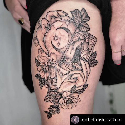 Skull Shin Tattoos For Women, Tarot Card Inspired Tattoos, The Empress Tattoo Ideas, Aquatofana Tattoo, Witch Sleeve Tattoo, Charmed Tattoos, Inner Calf Tattoos For Women, Tarot Cards Tattoo Ideas, Empress Tarot Card Tattoo