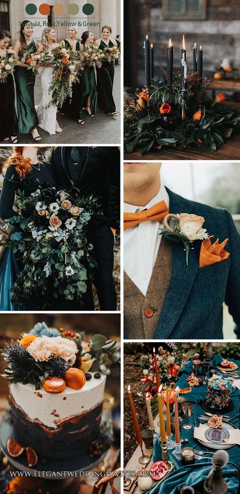 emerald and rust orange moody dark boho wedding theme Moody Wedding Colors, Wedding Colors For Fall, Green And Burnt Orange, Dark Romantic Wedding, Orange Wedding Themes, Halloween Chic, Dark Green Wedding, Dark Wedding Theme, Nature Themed Wedding