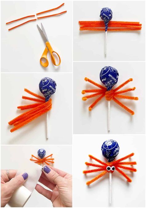 Halloween Sucker Spiders, Sucker Halloween Treats, Spider Halloween Snacks, Spider Suckers Halloween, Preschool Halloween Treats Prepackaged, Halloween Lollipop Crafts, Lollipop Spiders Pipe Cleaners, Spider Lollipops Pipe Cleaners, Halloween Classroom Treats Non Candy