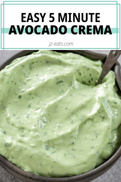 avocado crema in a bowl with a spoon Avocado Lime Crema, Balsamic Dressing Recipe, Honey Balsamic Dressing, Fiesta Food, Easy Sauce Recipe, Fish Dinners, Fish Taco Sauce, Crema Recipe, Lime Crema