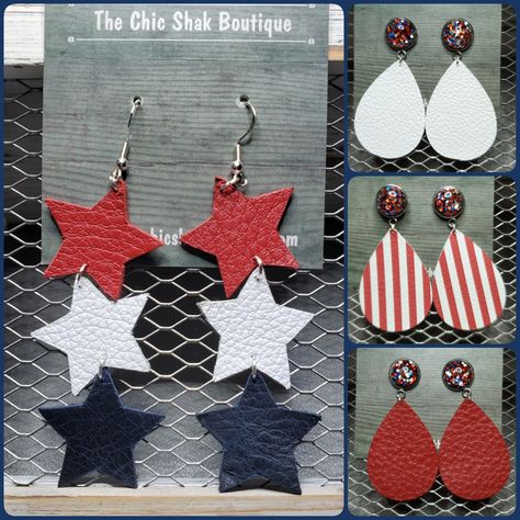 "Red Genuine Leather. White Genuine Leather. Red/White Striped Genuine Leather. Navy Blue Genuine Leather. * 2\" Red Leather Teardrops Accented w/Patriotic Druzy Studs * 2\" Red/White Striped Teardrops Accented w/Patriotic Druzy Studs * 2\" White Leather Teardrops Accented w/Patriotic Druzy Studs * 3.5\" Star Dangles-Red Leather/White Leather/Navy Blue Leather" Cuffs Diy, Leather Jewelry Making, Patriotic Earrings, Handmade Leather Jewelry, Diy Leather Earrings, Faux Leather Earrings, Cricut Craft Room, Earrings Inspiration, Cricut Creations